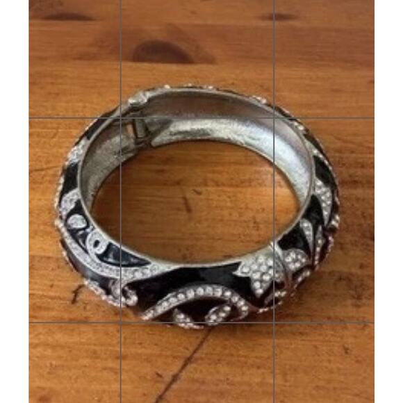 Silver Tone Black Enamel Hinged Bangle Bracelet Rhinestone Crystal Scroll Design - Picture 5 of 10